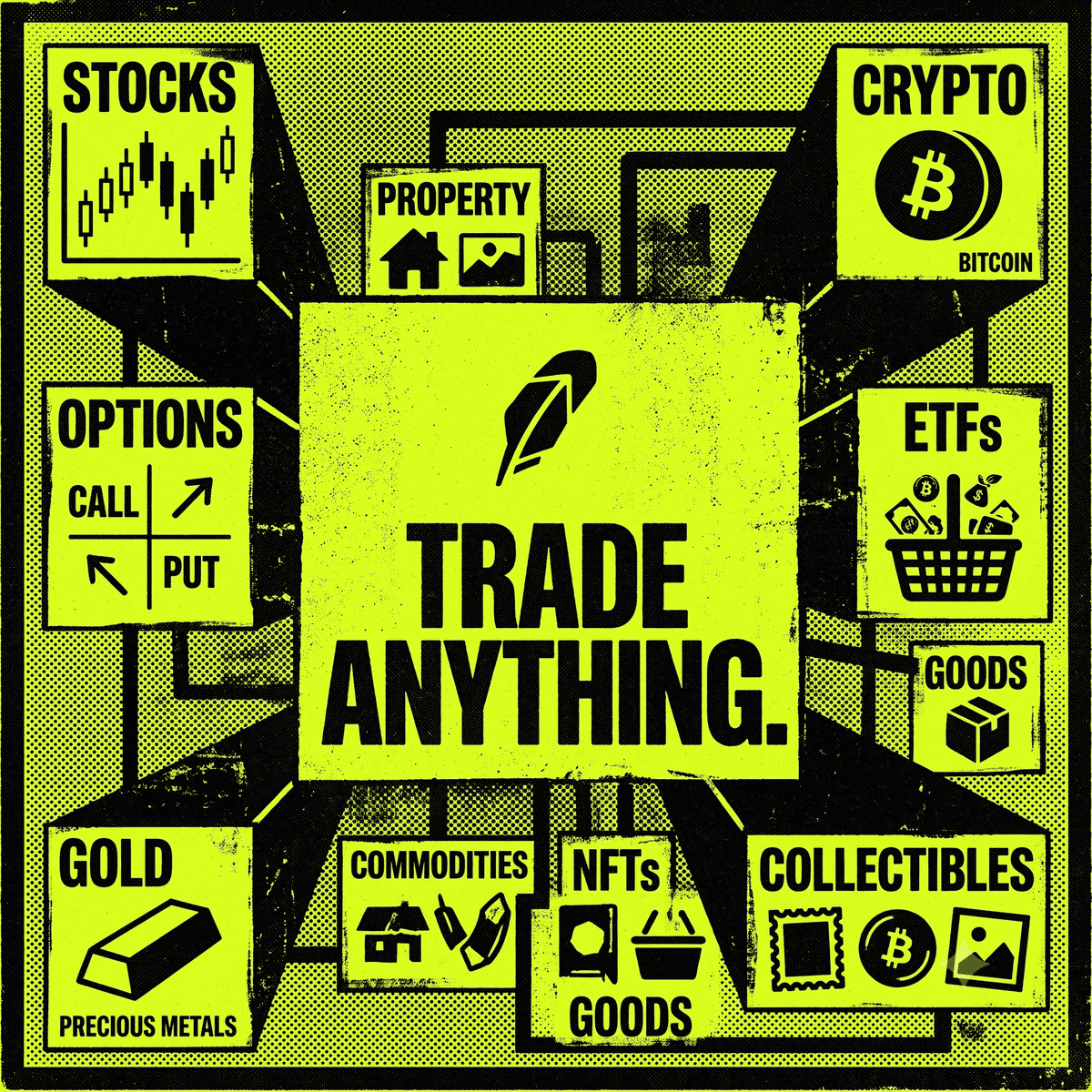 Trade Anything — stocks, crypto, options, ETFs, gold, property, NFTs, collectibles all radiating from one ticker